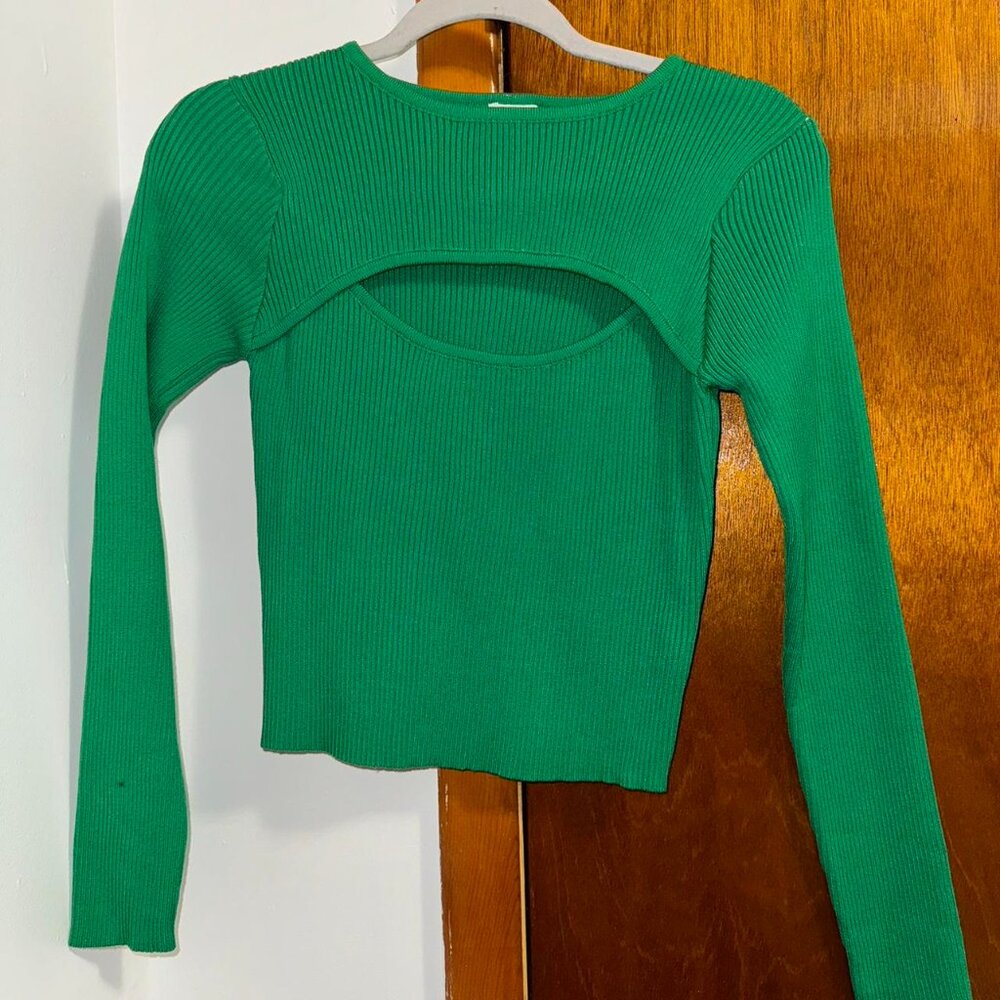 Ribbed Green Cut Out Sweater Shirt
